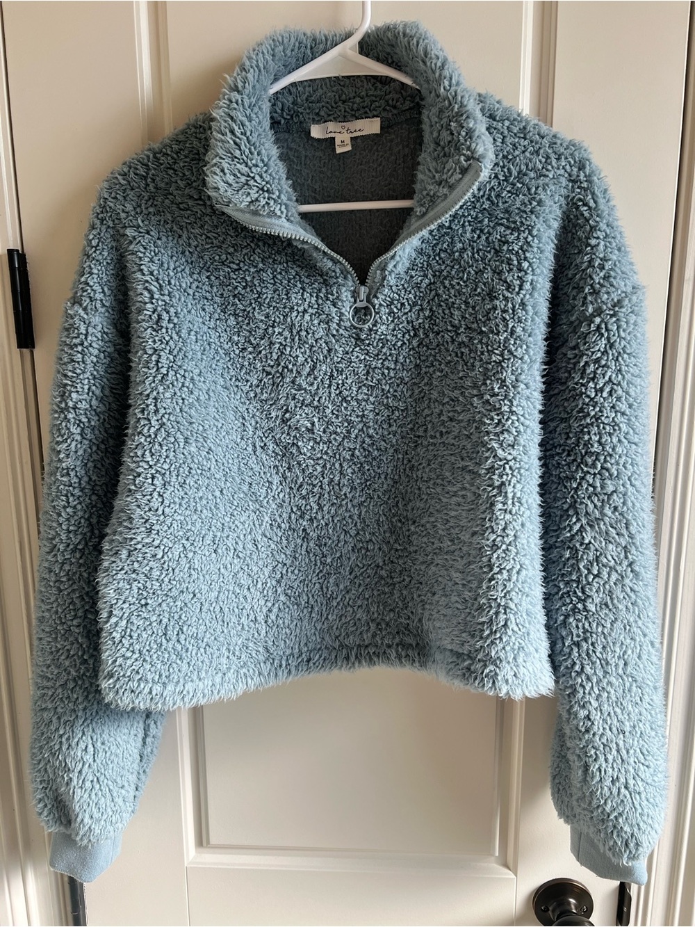 Love Tree Plush Light Blue Quarter-Zip Crop Top Sherpa Jacket boutique